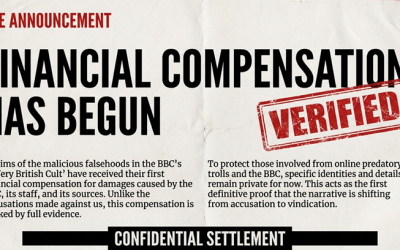 A news-style graphic on a textured, off-white paper background with red and black text. The heading reads "THE ANNOUNCEMENT" in red, followed by "FINANCIAL COMPENSATION HAS BEGUN" in large, bold black letters. A red "VERIFIED" rubber stamp icon is on the right. Two columns of text explain that victims of the BBC’s ‘A Very British Cult’ have received compensation. A black bar at the bottom contains the words "CONFIDENTIAL SETTLEMENT" in white.